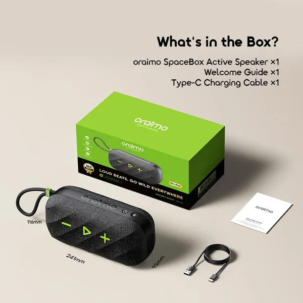 rrzzezaeaze.webp oraimo SpaceBox Active 25W Portable Speaker with FM Radio & Custom EQ – Image 1