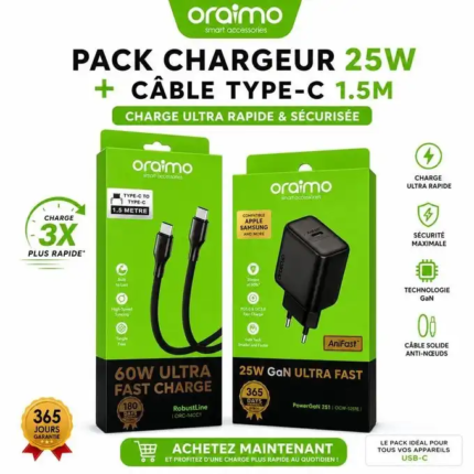 Chargeur PowerGaN 451 45W GaN USB-C Ultra Fast OCW-5451ECC avec Câble USB Type-C vers USB-C – Charge Rapide PD 3.0 & QC 4.0+ 45 W